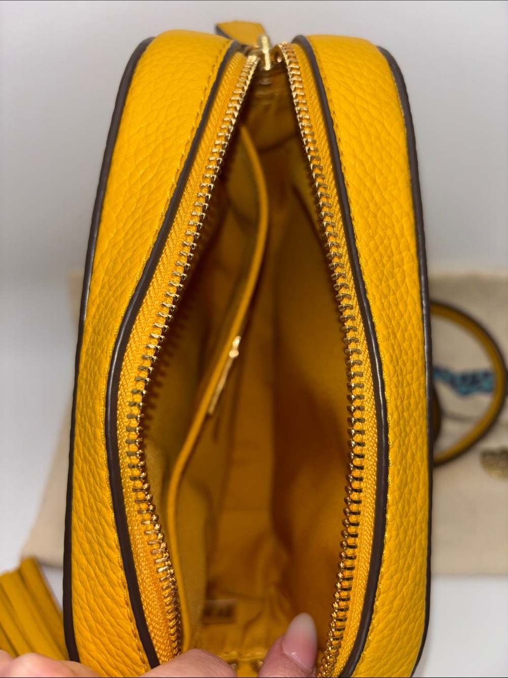 Tory Burch Sunshine Yellow Pebbled Leather Crossbody with Tassel - Picture 10 of 11